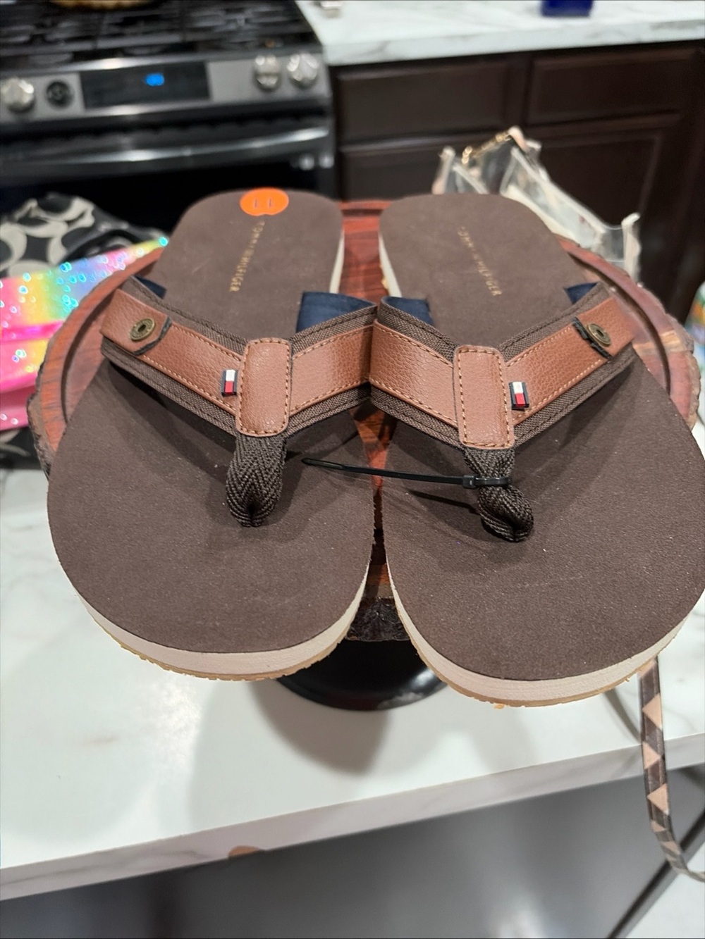 Tommy Hilfiger Brown and Tan Leather-Trim Flip Flop Sandals